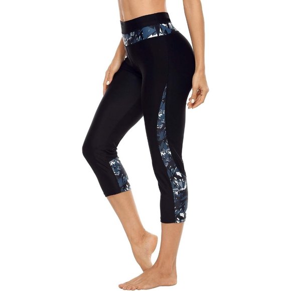 Women Black Swim High Waisted Swimming Leggings Stretch Capris Sporty Pants - Picture 1 of 6